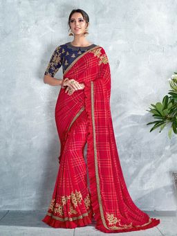 Odette - Red Silk Georgette Designer Saree with Unstitched Blouse