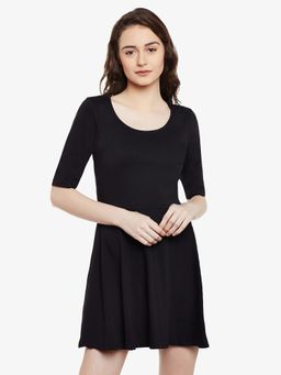 Miss Chase - Black Round Neck Solid Mini Skater Mini Dress