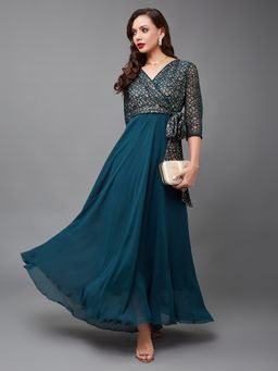 Miss Chase - Teal Self Design V-Neck Maxi Dress