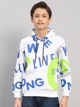 Monte Carlo - Boys White-Green Regular Fit Typography Printed Pullover Hoodie