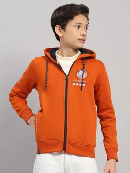 Monte Carlo - Boys Orange Graphic Printed Zipper Full Sleeves Hooded Jacket