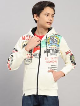 Monte Carlo - Boys Cream Typography Printed Zipper Full Sleeves Hooded Jacket