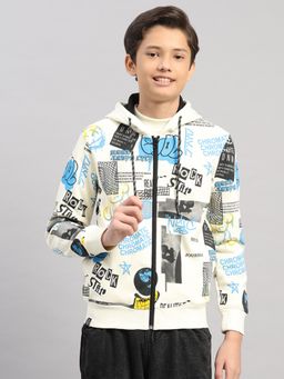 Monte Carlo - Boys Cream Typography Printed Zipper Full Sleeves Hooded Jacket