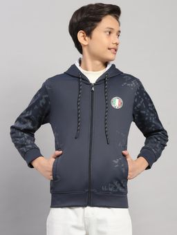 Monte Carlo - Boys Navy Blue Printed Zipper Full Sleeves Hooded Jacket