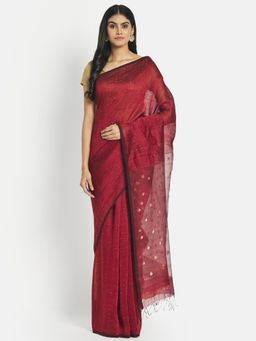 Fabindia - Maroon Linen Blend Jamdani Woven Saree without Blouse