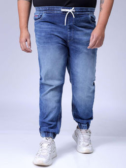 Hardsoda - By The Indian Garage Co Men Plus Size Solid Mid-Rise Stretchable Denim Joggers Blue