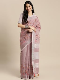 Sangam Prints - Purple Linen Resham Dori Work Traditional Tassle Saree with Unstitched