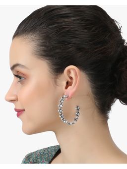 Adwitiya - Oxidised Silver Plated Stone-Studded Half hoop Flower Shaped Earrings