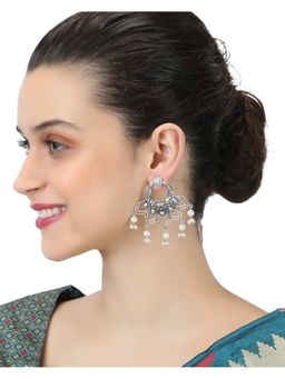 Adwitiya - Oxidised Silver-Plated & Stone-Studded with pearls Flower Shapped Earrings