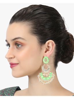 Adwitiya - 24CT Gold-Plated & Stone-Studded Green Enameld Crescent Earrings With Pearls
