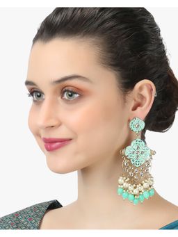 Adwitiya - 24CT Gold-Plated & Stone-Studded Mint Enameld with pearls Contemporary Drop Earrings
