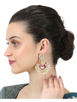 Adwitiya - 24CT Gold-Plated & Stone-Studded Red Enameld with pearls Lotus Chandbalis Earrings