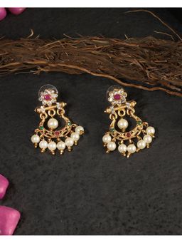 Adwitiya - Women Gold-Plated Stone-Studded White-Pearl Chandbali Earrings
