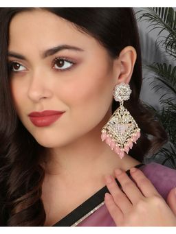 Adwitiya - Gold-Plated Kundan-Studed Pink Pearl-Tessel Drop Earrings