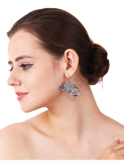 Adwitiya - Women Silver Oxidised Dancing Peacock Drop Earring