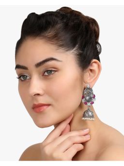 Adwitiya - Women Silver-Plated Stone-Studded Oxidised Jhumka