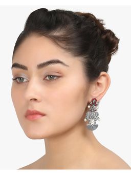 Adwitiya - Women Silver-Plated Peacock Shaped Red & White Stone-Studded Oxidised Earrings
