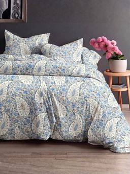 the White Moss - Blue Pure Cotton 220Tc Bedsheet With 2 Pillow Covers (Queen)