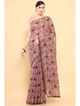 Soch - Women Maroon Chanderi Printed Saree with Unstitched Blouse