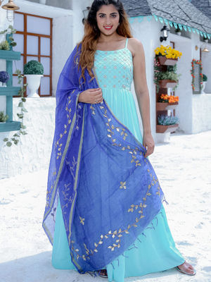 Grey maxi with blue dupatta clearance