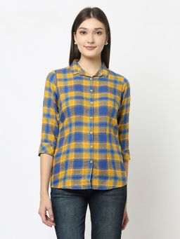 CRIMSOUNE CLUB - Women Mustard Checked Shirt In Cotton Blend