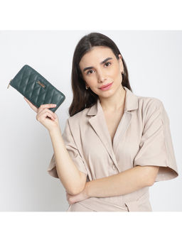 KLEIO - Quilted PU Leather BI Fold Zip Closure Multi Pockets and Slots Clutch Wallet-Dark Green