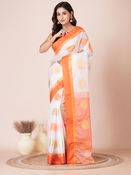 LAA CALCUTTA - White and Orange Silk Floral Woven Design Tussar Saree with Unstitched Blouse