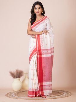 LAA CALCUTTA - Off White Cotton Woven Design Handloom Saree with Unstitched Blouse