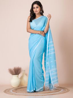 LAA CALCUTTA - Blue Cotton Woven Tassels Design Handloom Saree with Unstitched Blouse