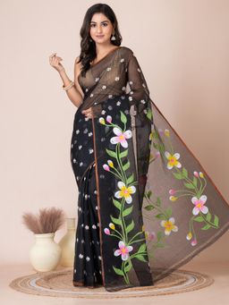 LAA CALCUTTA - Black Floral Design Resham Kota Hand Painted Saree with Unstitched Blouse