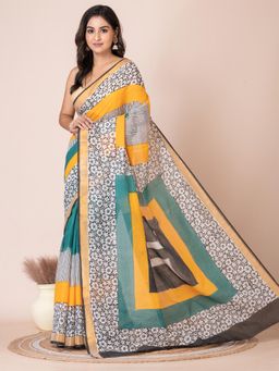LAA CALCUTTA - Multi-Color Floral Swastik Design Cotton Hand Painted Saree with Unstitched Blouse