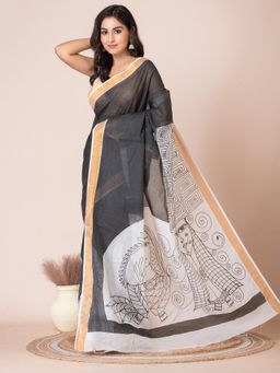 LAA CALCUTTA - Charcoal Design Cotton Abstract Hand Painted Saree with Unstitched Blouse