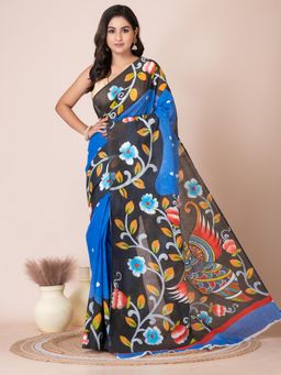 LAA CALCUTTA - Multi-Color Floral-Peacock Design Cotton Hand Painted Saree with Unstitched Blouse