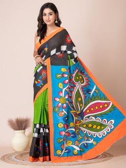 LAA CALCUTTA - Multi-Color Peacock Floral Design Cotton Hand Painted Saree with Unstitched Blouse