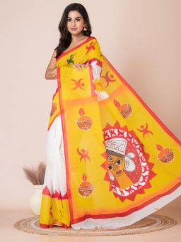 LAA CALCUTTA - Yellow and White Durga Idol Cotton Hand Painted Saree with Unstitched Blouse