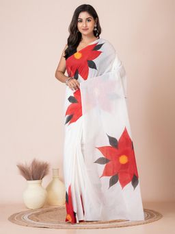 LAA CALCUTTA - White and Red Floral Design Cotton Hand Painted Saree with Unstitched Blouse