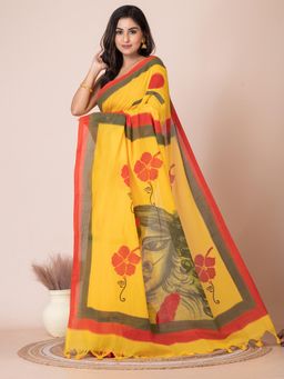 LAA CALCUTTA - Yellow Pure Cotton Floral Hand Painted Saree with Unstitched Blouse