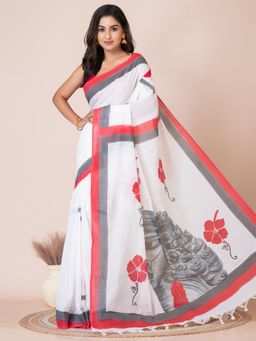 LAA CALCUTTA - White Pure Cotton Floral Hand Painted Saree with Unstitched Blouse