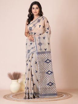 LAA CALCUTTA - Women Beige Jamdani Handloom Saree with Unstitched Blouse