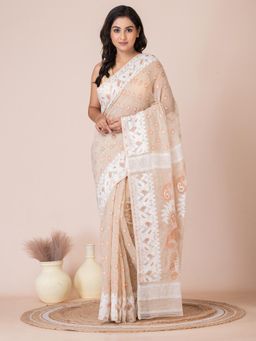 LAA CALCUTTA - Beige Floral Design Jamdani Saree with Unstitched Blouse