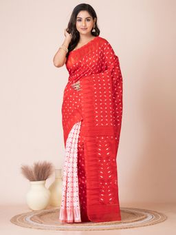LAA CALCUTTA - Red and White Silk Cotton Minakari Jamdani Saree with Unstitched Blouse