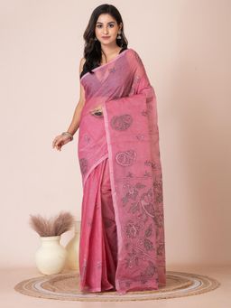 LAA CALCUTTA - Women Pink Cotton Hand Embroidered Saree with Unstitched Blouse