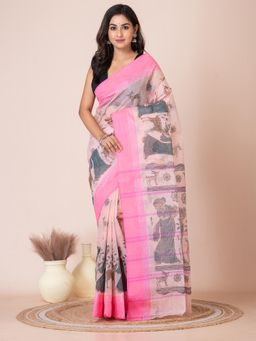 LAA CALCUTTA - Beige and Pink Cotton Shakuntala Checks Print Taant Saree with Unstitched Blouse