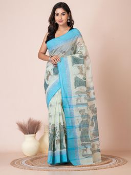 LAA CALCUTTA - Light Green and Blue Shakuntala Checks Print Taant Saree with Unstitched Blouse