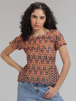 SHAYE - Boat Neck Multi Colour Printed Short Sleeves Casual Top For Women