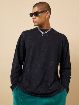 Styli - Black Long Sleeve Oversized Acid Wash T-Shirt