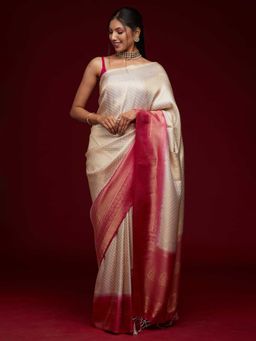 Koskii - Cream Zari Work Brocade Designer Saree With Unstitched Blouse