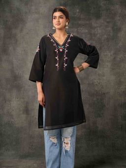 Phulkari Forever - Pure Chanderi Hand Embroidered Phulkari Kurti - Black