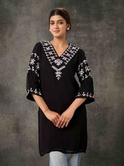 Phulkari Forever - Pure Georgette Hand Embroidered Phulkari Short Kurta - Black