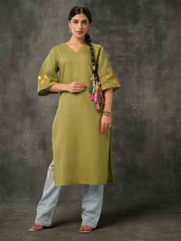 Phulkari Forever - Pure Cotton Linen Hand Embroidered Phulkari Kurta - Moss Green